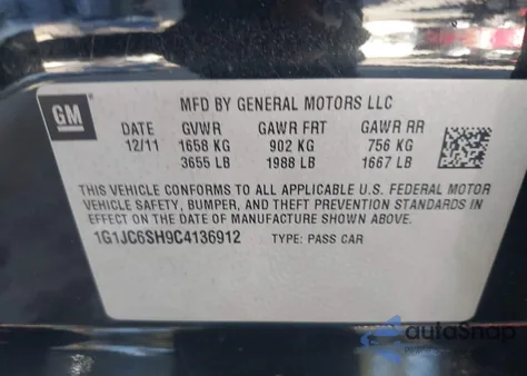 2012 Chevrolet Sonic 2Lt z USA, uszkodzony, nr VIN 1G1JC6SH9C4136912